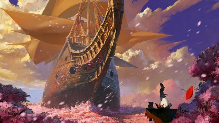 A lone figure with a red umbrella on a cliff overlooking a ship