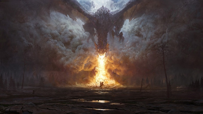 Dragon breathing fire on a knight in a forest