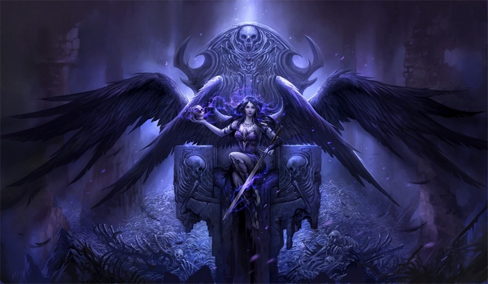 Dark Angel Queen on Throne with Skull and Sword