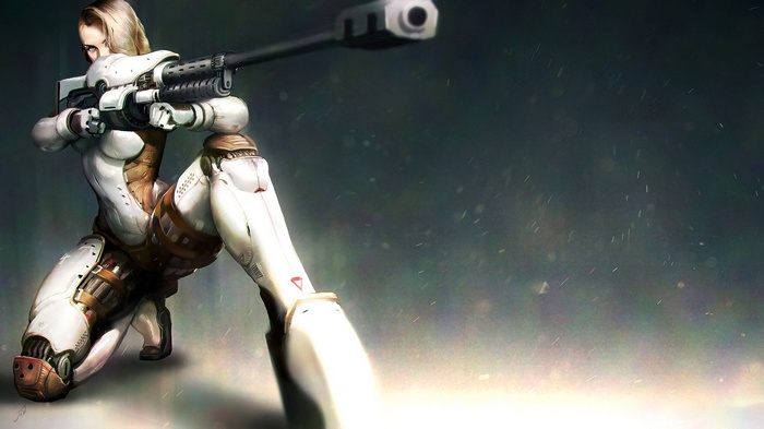 Futuristic female soldier with a sniper rifle