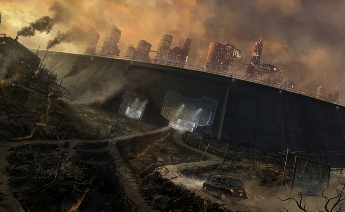 Futuristic City of Manchester with a Dam and a Black Cab