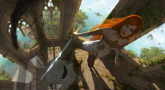 Fantasy art of a woman with red hair holding a sword