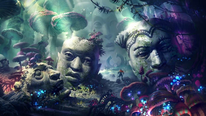 Psychedelic fantasy art with stone heads and mushrooms