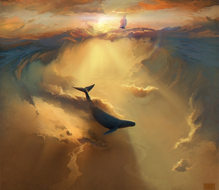 Whale and ship in a surreal sky