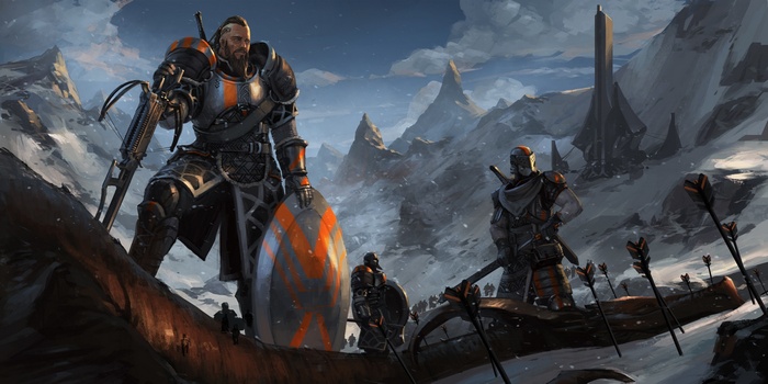 Fantasy warriors in a snowy mountain landscape