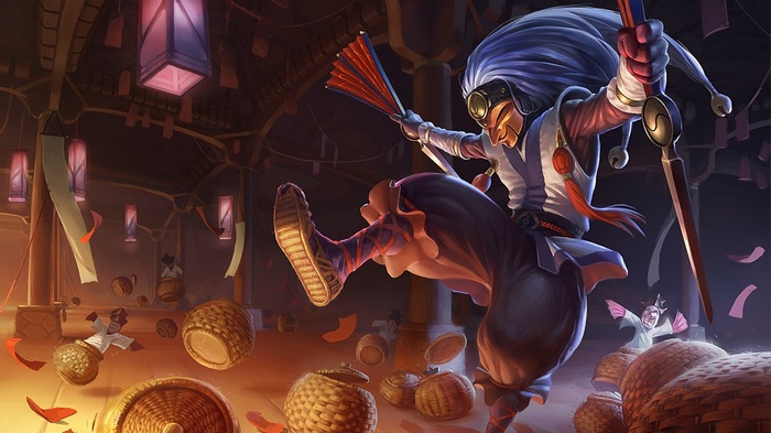 Shaco from League of Legends in a traditional Japanese setting
