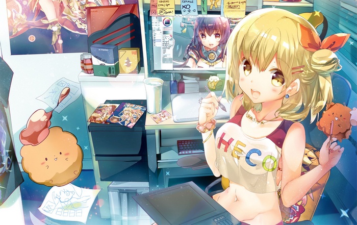 Girl in a room with computer and anime posters