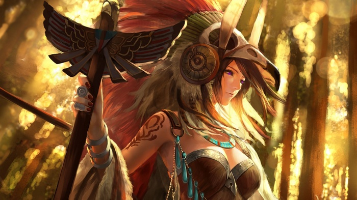Fantasy tribal woman with headdress and staff