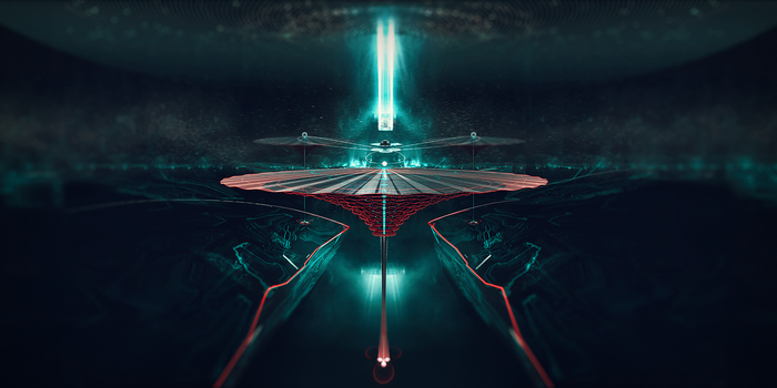 Digital art of a futuristic portal with blue and red lights