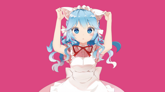 Anime girl with blue hair and cat ears in maid outfit