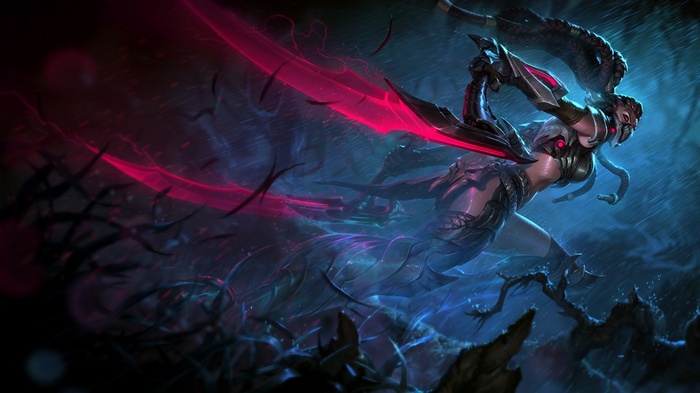 Akali from League of Legends with pink energy blades