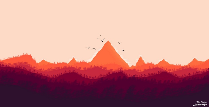 Flat Design Landscape with Mountains and Birds