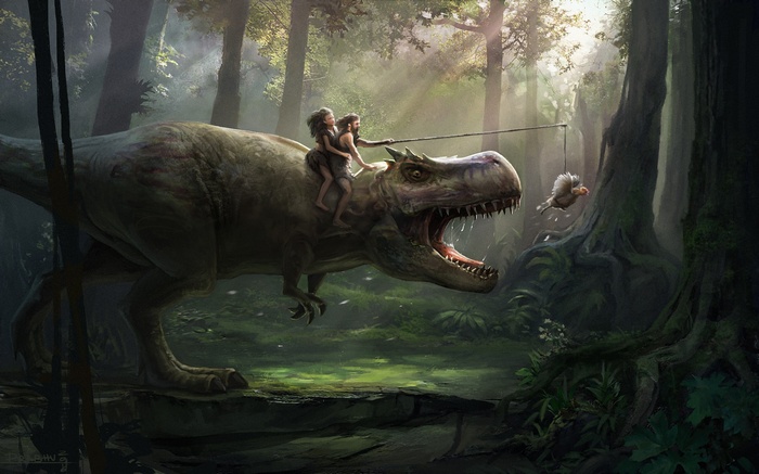 Cave people riding a T-Rex fishing for a bird