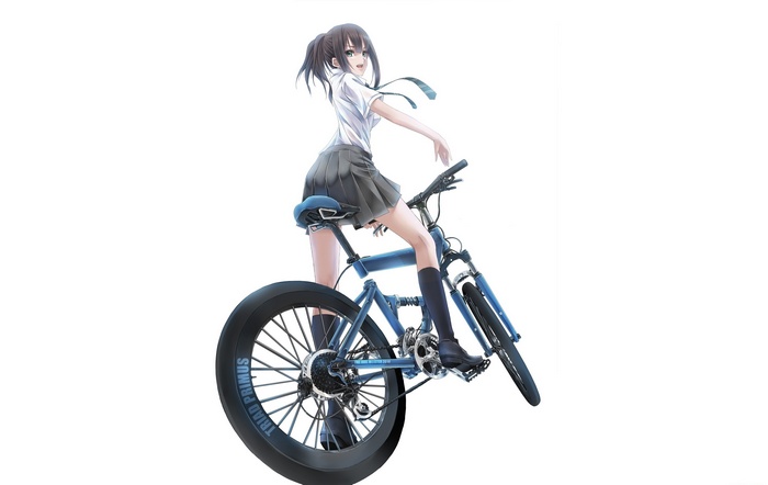 Anime girl in school uniform on a bicycle