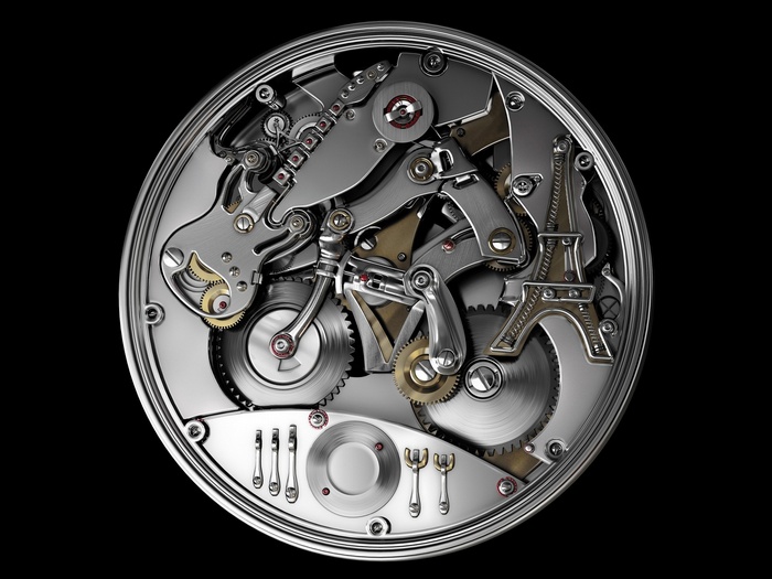 Mechanical watch movement with Eiffel Tower and guitar