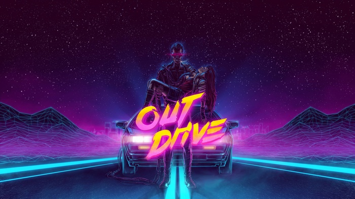 OutDrive artwork with DeLorean and figures