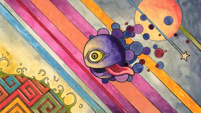 Psychedelic abstract art with a one-eyed creature and planets