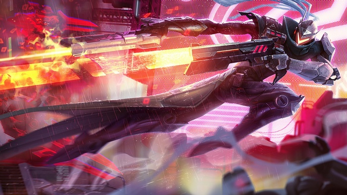Lucian firing guns in a neon city
