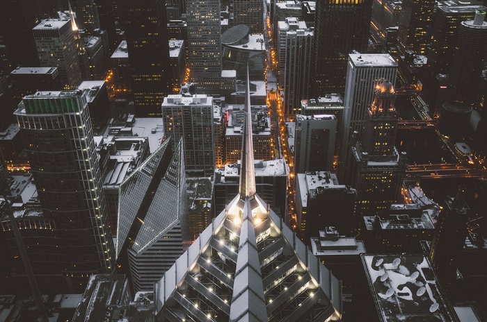 Chicago cityscape at night in winter
