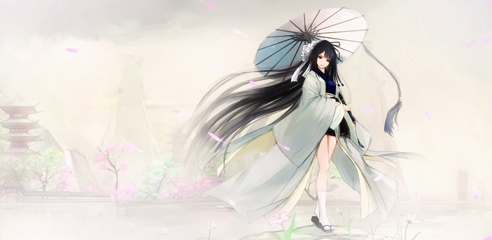 Anime girl in kimono holding an umbrella
