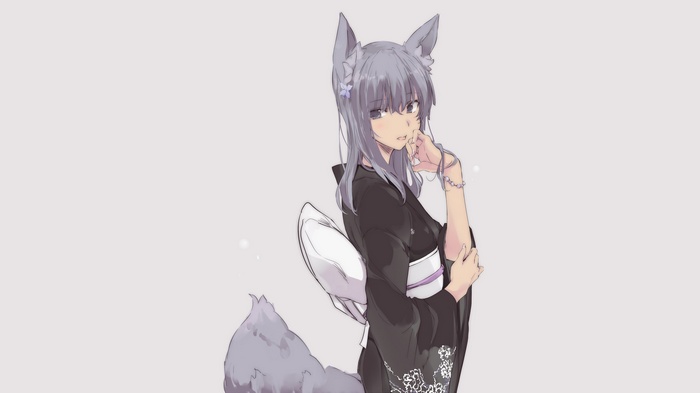 Anime fox girl in a black kimono with purple obi