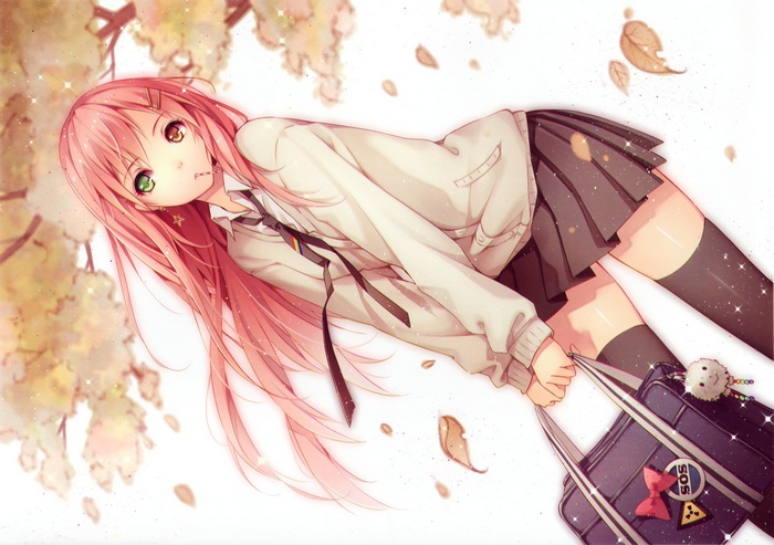 bag, anime, leaves, zettai ryouiki, original characters, heterochromia ...