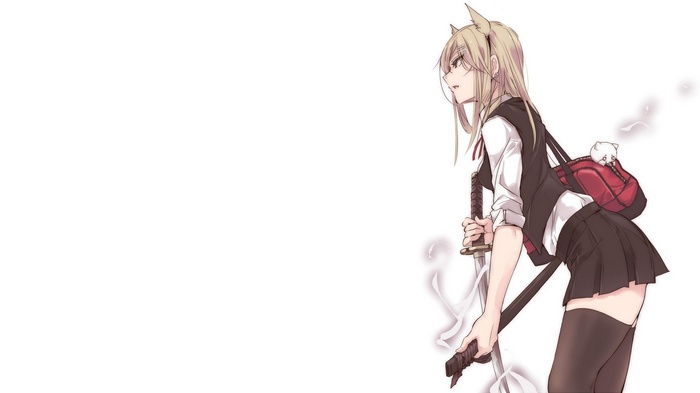 Anime girl with cat backpack and katana