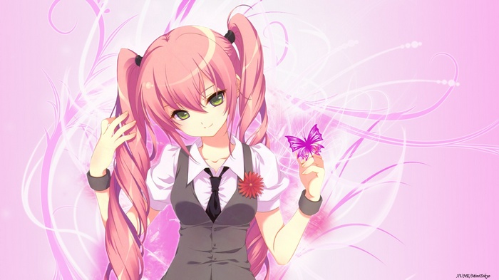 Megurine Luka anime girl with pink hair holding a butterfly