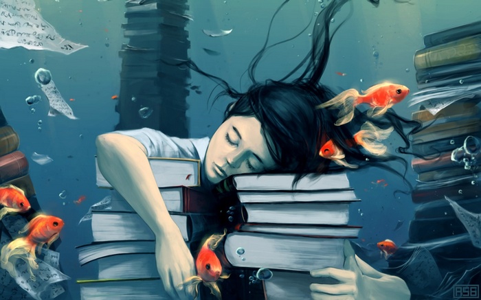 original characters, drawing, books, fantasy art, psychedelic, underwater, fish, artwork, closed eyes, paper, AquaSixio, goldfish, fantasy girl, bubbles