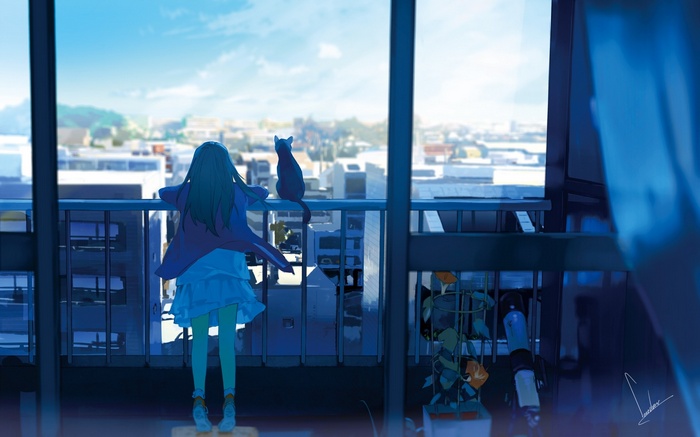 Anime girl and cat on a balcony overlooking a city