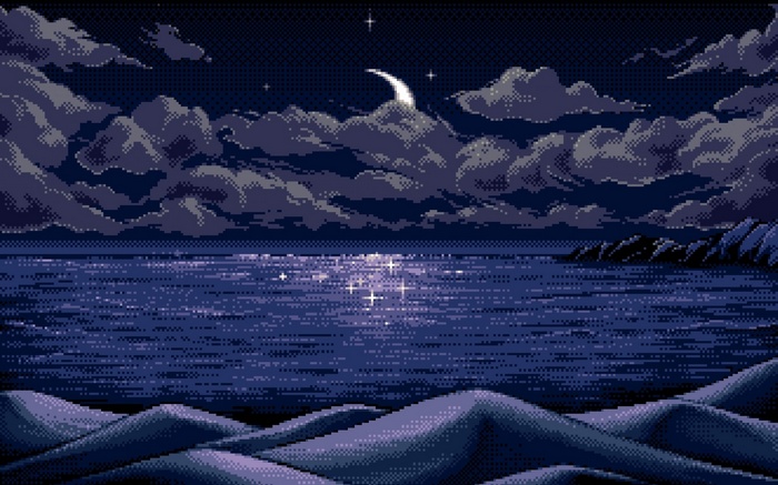Pixel art night landscape with moon and sea