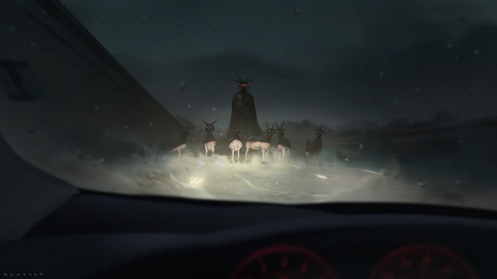 Demon with goats on a rainy road