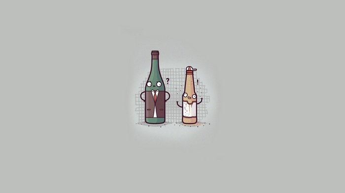 Two cartoon bottles with faces and arms