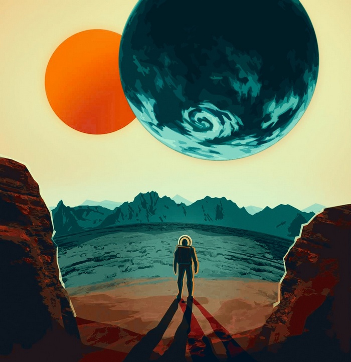 Astronaut on an alien planet with two celestial bodies