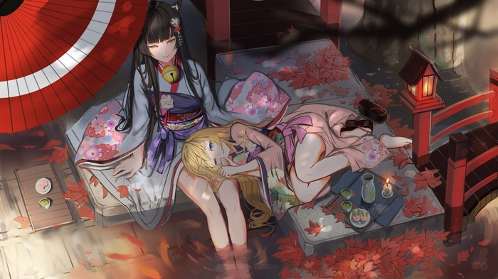 Cat girl and blonde girl in kimonos by a red umbrella