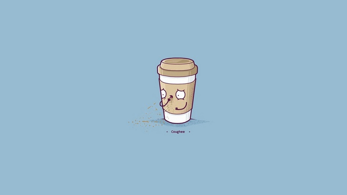 A cartoon coffee cup is sneezing on a blue background