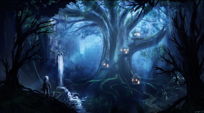 Fantasy forest with treehouses and a waterfall