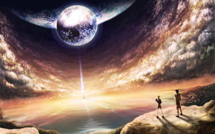 Anime characters on a cliff overlooking a planet and moon