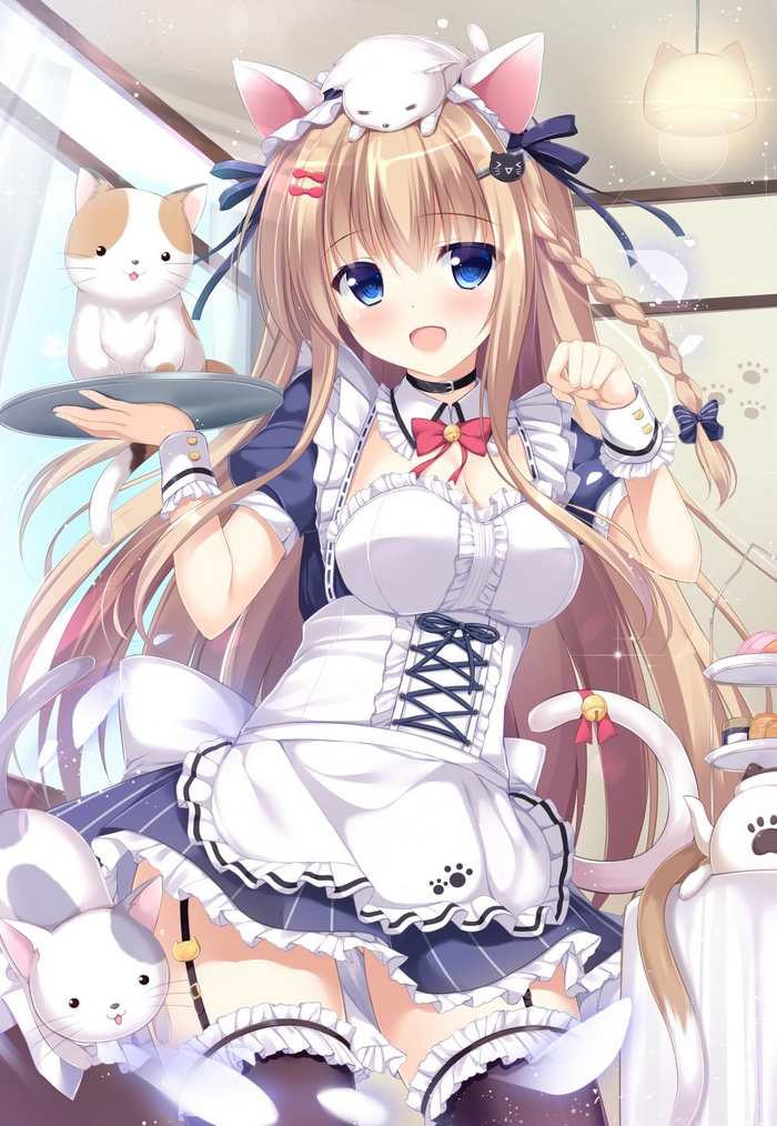 Anime Girl in Maid Outfit with Cat Ears and Tail