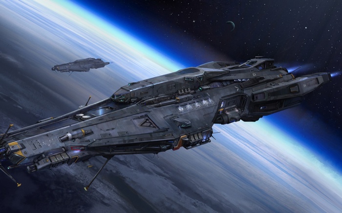 Futuristic spaceships flying near a planet