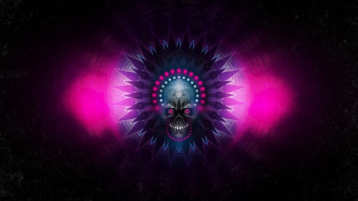 Symmetrical digital artwork of a skull with pink lights