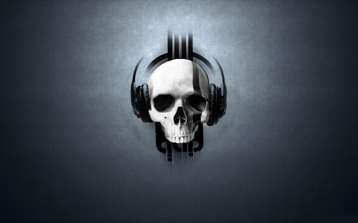 Skull with headphones and musical notes