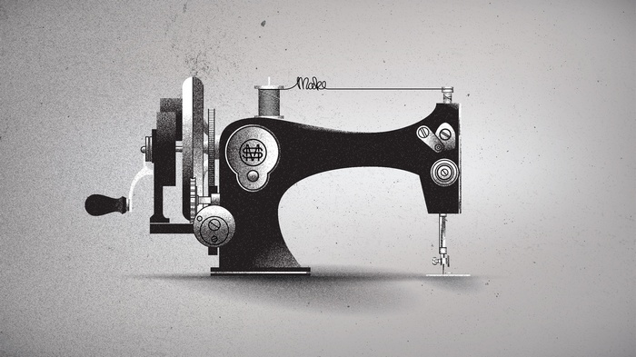 Monochrome illustration of a vintage sewing machine with gears