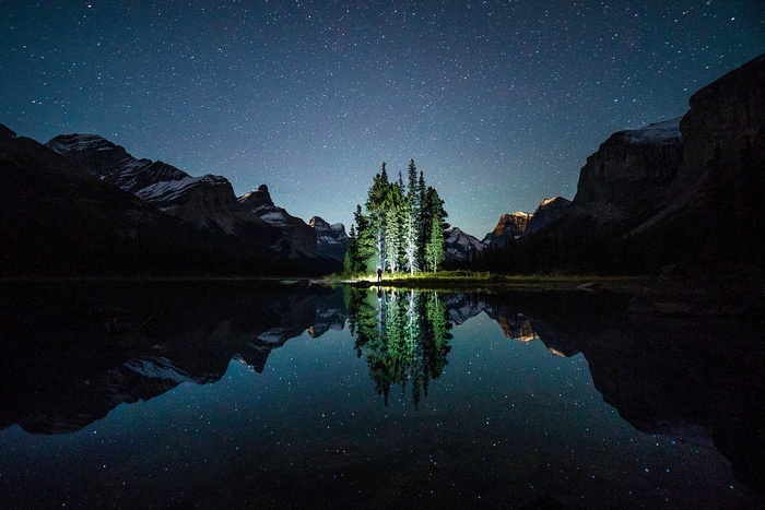 Island of trees under starry night sky reflected in lake