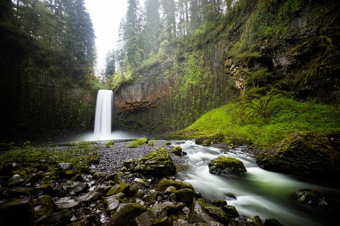 Abiqua Falls waterfall in Oregon forest with mossy rocks