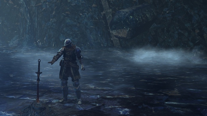 Dark Souls Knight with Sword in Misty Cave