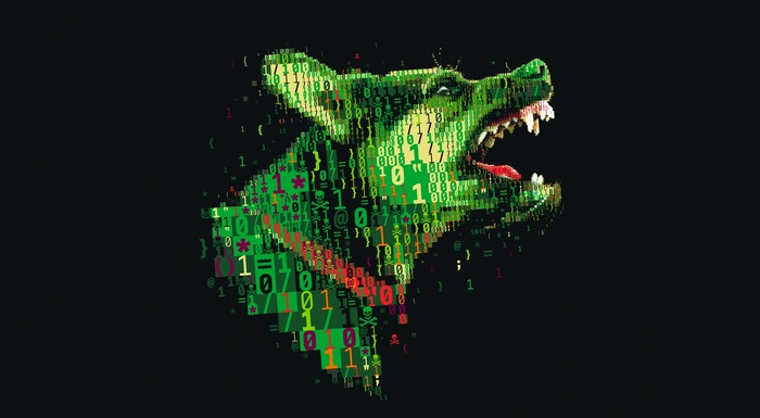 Digital Dog Made of Binary Code and Symbols