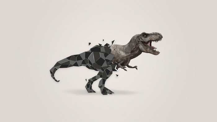 Low poly T-Rex dinosaur dissolving into geometric shapes