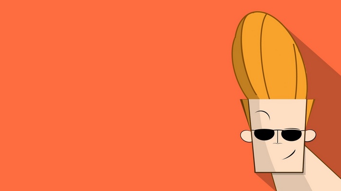 Johnny Bravo wearing sunglasses on orange background