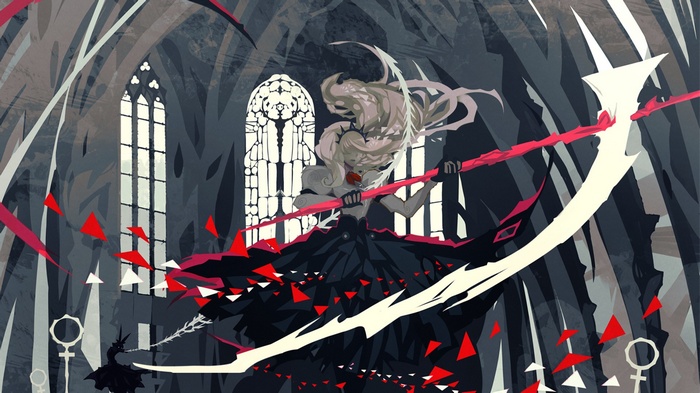 Queen with a scythe in a gothic cathedral